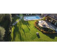 Ansicht von oben: Rasenroboter beim Rasenmähen in einem Garten mit Pool und Terrasse.