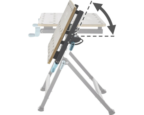 Verstellbarer Werktisch mit Pfeilsymbol zur Anzeige der Neigungsverstellung