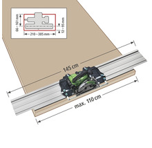 Bild einer Handkreissäge mit Führungsschiene zum Schneiden eines Werkstücks mit den Maßen 145 cm und maximal 110 cm, inklusive Maßangaben.