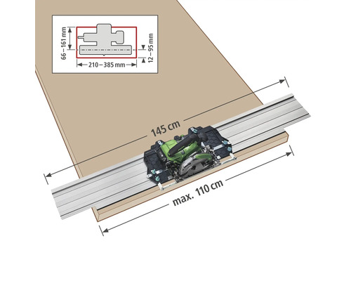 Bild einer Handkreissäge mit Führungsschiene zum Schneiden eines Werkstücks mit den Maßen 145 cm und maximal 110 cm, inklusive Maßangaben.