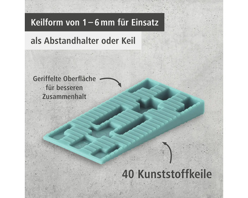 40 Kunststoffkeile mit geriffelter Oberfläche als Abstandhalter oder Keil von 1 bis 6 mm
