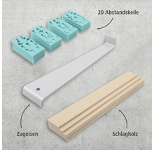 Werkzeugset bestehend aus Abstandskeilen, Zugeisen und Schlagholz