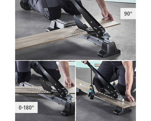 Laminatschneider im Einsatz mit Winkeleinstellungen von 0-180 Grad und 90 Grad.