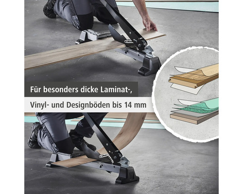 Laminatschneider zum Schneiden von Laminat-, Vinyl- und Designböden bis 14 Millimeter Stärke