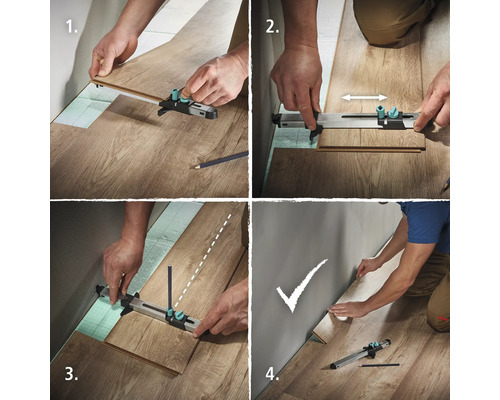 Mehrfachansicht eines Laminatverlegewerkzeugs im Einsatz