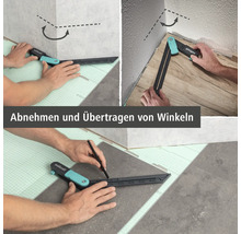 Die Abbildung zeigt die Winkelübertragung mit einer Winkelschmiege auf Bodenfliesen.