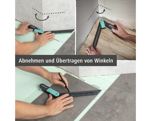Die Abbildung zeigt die Winkelübertragung mit einer Winkelschmiege auf Bodenfliesen.