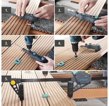 Bildmontage zur Verlegung einer Holzterrasse mit Terrassenbauschablone und Bohrschrauber