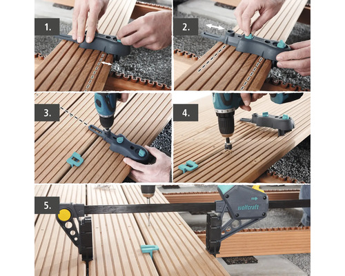 Bildmontage zur Verlegung einer Holzterrasse mit Terrassenbauschablone und Bohrschrauber