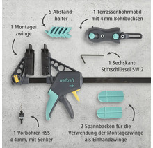 Wolfcraft Montagezwinge mit Zubehör: Montagezwinge, Abstandshalter, Terrassenbohrmobil, Sechskant-Stiftschlüssel, Vorbohrer und Spannbacken