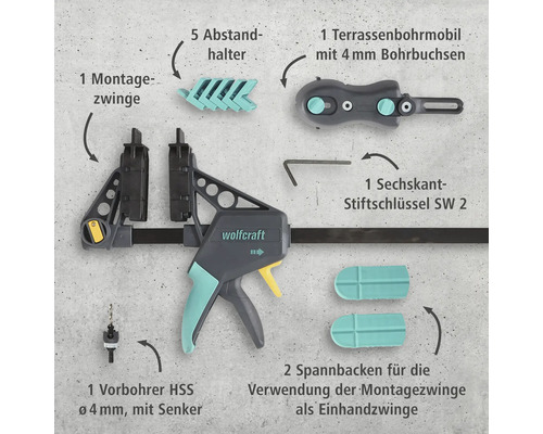 Wolfcraft Montagezwinge mit Zubehör: Montagezwinge, Abstandshalter, Terrassenbohrmobil, Sechskant-Stiftschlüssel, Vorbohrer und Spannbacken