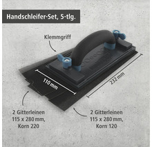 Handschleifer-Set 5-teilig mit Klemmgriff, 110 mal 232 Millimeter, inklusive 4 Gitterleinen 115 mal 280 Millimeter mit Körnung 120 und 220.