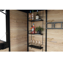 Regalsystem mit Getränken und Gläsern an Holzwand