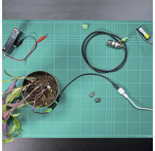 Elektronischer Versuchsaufbau auf einer grünen Schneidematte mit Zimmerpflanze, Bodenfeuchtesensor, Kabeln, Batterien und elektronischen Bauteilen.