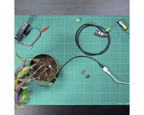 Elektronischer Versuchsaufbau auf einer grünen Schneidematte mit Zimmerpflanze, Bodenfeuchtesensor, Kabeln, Batterien und elektronischen Bauteilen.