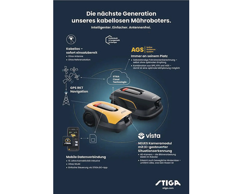 Grafik mit Informationen zu Stiga Mährobotern, die kabellos, einfach zu bedienen und antennenfrei sind.