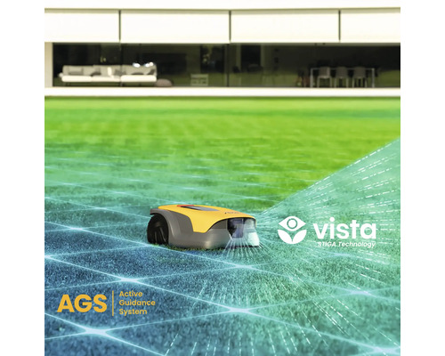 Gelber und grauer Rasenmähroboter auf Rasen vor einem modernen Haus