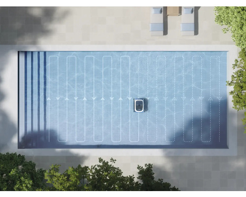 Draufsicht eines Poolreinigungsroboters in einem Schwimmbecken, der einen Reinigungspfad darstellt