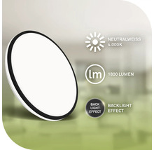 Runde Deckenleuchte mit 1800 Lumen und neutralweissem Licht von 4000 Kelvin sowie Hintergrundbeleuchtungseffekt.