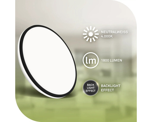 Runde Deckenleuchte mit 1800 Lumen und neutralweissem Licht von 4000 Kelvin sowie Hintergrundbeleuchtungseffekt.