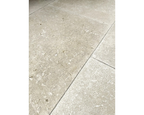 Bodenfliesen aus Naturstein mit strukturierter Oberfläche und fossilen Einschlüssen.