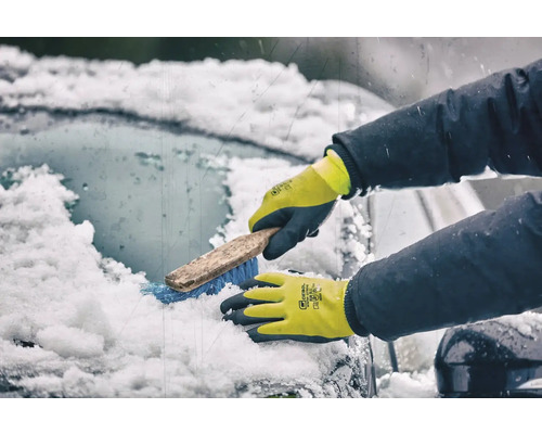 Person mit Winterhandschuhen reinigt eine verschneite Autoscheibe mit einer Bürste.