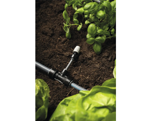 Bewässerungssystem mit T-Stück und Pflanzen im Gartenbeet