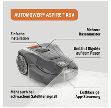 Husqvarna Automower Aspire R6V Mähroboter mit einfacher Installation, verschiedenen Rasenmustern, Umfahrung von Objekten, Mähen bei schwachem Satellitensignal und App Steuerung.