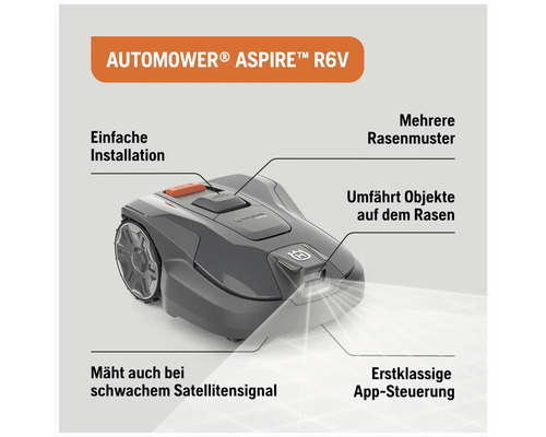 Husqvarna Automower Aspire R6V Mähroboter mit einfacher Installation, verschiedenen Rasenmustern, Umfahrung von Objekten, Mähen bei schwachem Satellitensignal und App Steuerung.