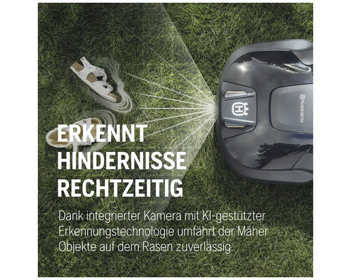 Husqvarna Roboterrasenmäher umfährt Hindernisse dank Kamera rechtzeitig