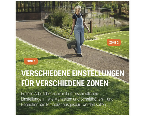 Eine Frau geht auf einem Weg durch einen Garten mit verschiedenen Zonen für die Rasenpflege.