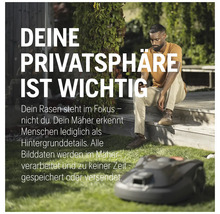 Szene mit Rasenmähroboter und dem Text: Ihre Privatsphäre ist wichtig
