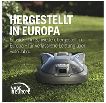 Husqvarna Mähroboter auf Rasen mit dem Text 'Hergestellt in Europa'.