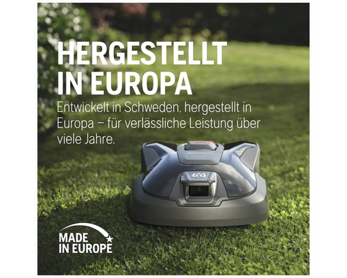 Husqvarna Mähroboter auf Rasen mit dem Text 'Hergestellt in Europa'.
