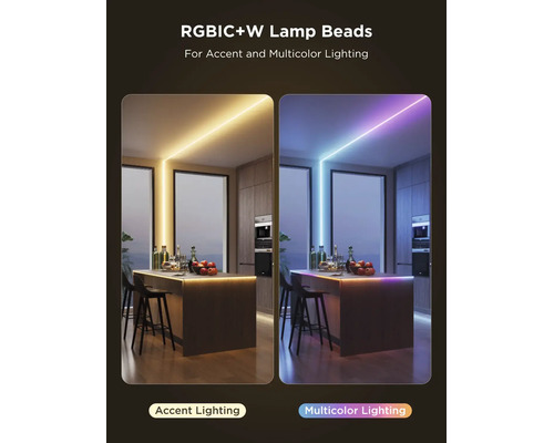 Moderne Küche mit LED-Streifen an Decke und Kücheninsel. Darstellung von Akzentbeleuchtung in Warmweiß und mehrfarbiger Beleuchtung.