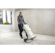 Frau transportiert Farbeimer mit einem Sackkarren.