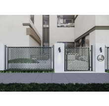 Ansicht eines Hauses mit Zaun und Gartentor aus Streckmetall