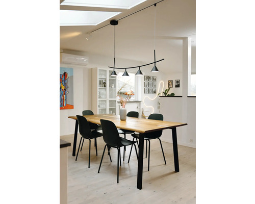 Moderner, heller Essbereich mit einem großen Esstisch aus Holz, schwarzen Metallstühlen und einer bogenförmigen Pendelleuchte.