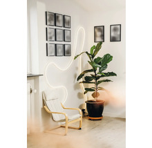 Moderner Wohnbereich mit hellem Sessel, großer Zimmerpflanze im Topf und einem geschwungenen LED-Lichtstreifen an der weißen Wand.