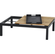 Loungetisch mit dunklem Metallgestell, Tischplatte aus Holzlamellen und schwarzem Tablett.