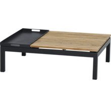 Rechteckiger Garten-Couchtisch mit schwarzem Metallgestell, Tischplatte aus hellen Holzlatten und schwarzem integriertem abnehmbarem Tablett.