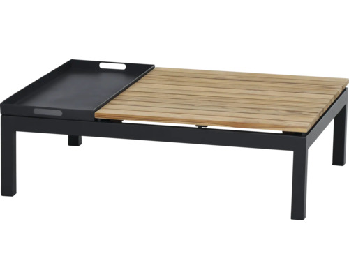 Rechteckiger Garten-Couchtisch mit schwarzem Metallgestell, Tischplatte aus hellen Holzlatten und schwarzem integriertem abnehmbarem Tablett.