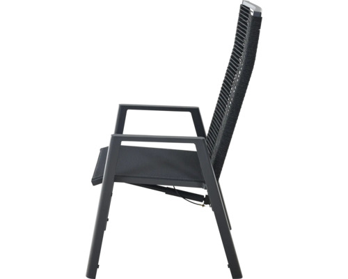 Gartenstuhl mit Armlehnen, Rückenlehne aus Seilgeflecht, Sitzfläche aus Textilgewebe, Gestell aus Aluminium, anthrazit.