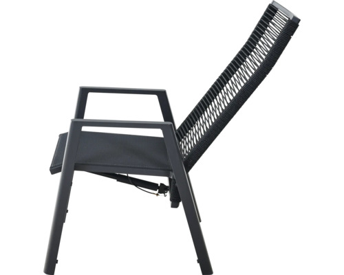 Verstellbarer Gartenstuhl mit Rope-Bespannung und Metallgestell.