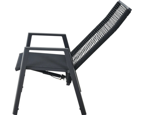 Anthrazitfarbener Gartenstuhl mit verstellbarer Rückenlehne, Metallgestell und Seilgeflecht.