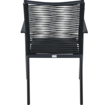 Moderner Gartenstuhl mit Armlehnen, Metallgestell und Rückenlehne aus Seilgeflecht.