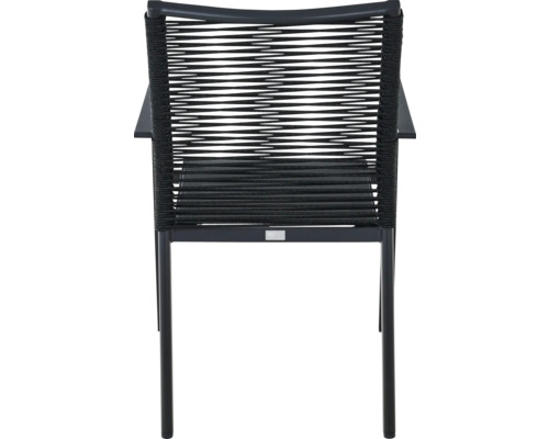 Moderner Gartenstuhl mit Armlehnen, Metallgestell und Rückenlehne aus Seilgeflecht.