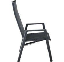 Anthrazitfarbener Gartenstuhl Hochlehner mit Aluminiumgestell und Textilbespannung in der Seitenansicht.