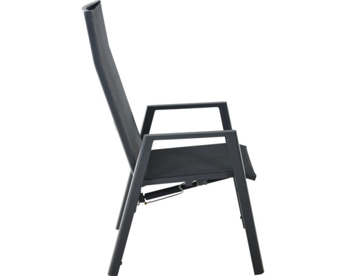 Anthrazitfarbener Gartenstuhl Hochlehner mit Aluminiumgestell und Textilbespannung in der Seitenansicht.