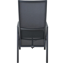 Rückansicht eines Siena Garden Gartenstuhls mit Armlehnen, schwarzer Netzrückenlehne und Metallgestell.